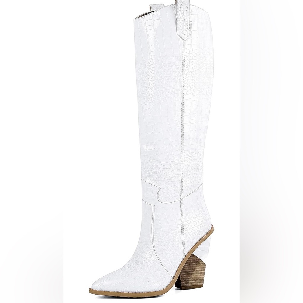 SOPHITINA White Cowgirl Boots Womens Knee High Western White Boots Almond